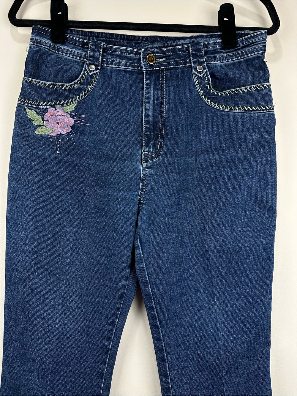 Floral Embroidered High Rise Jeans Dark Wash Straight Denim 90s Boho Cottage 31